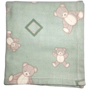 Beansprout htf Green Teddy Bear Baby Blanket Thin Fleece Squares Brown Tan